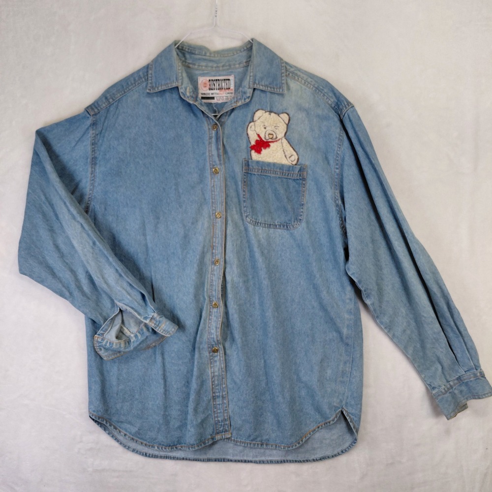 Restricted Blues Vintage Denim Button Down Shirt Teddy Bear Patch Light Wash L
